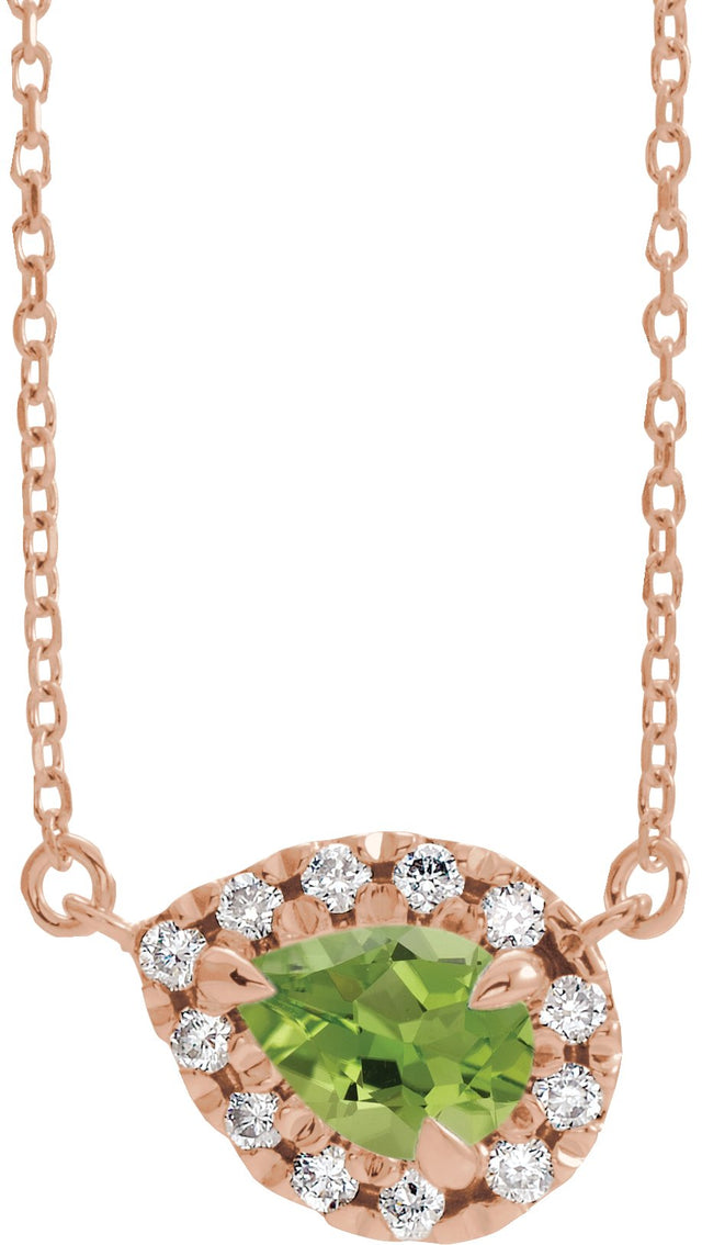 14K Gold Pear Natural Peridot & Natural Diamond French-Set Halo-Style Necklace - Rose Gold