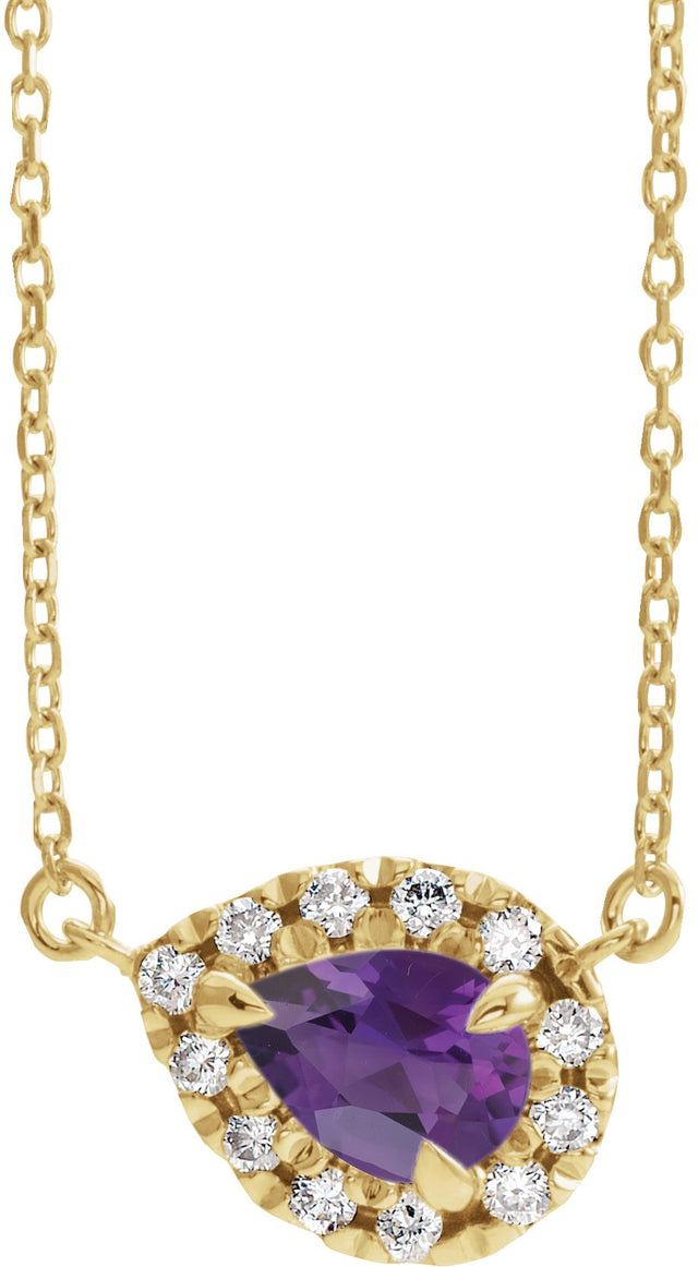 14K Gold Pear Natural Amethyst & Natural Diamond French-Set Halo-Style Necklace - Yellow Gold