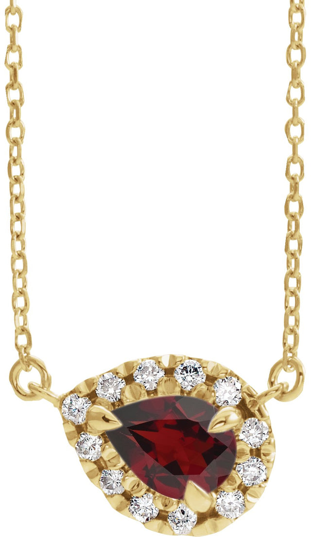 14K Gold Pear Natural Mozambique Garnet & Natural Diamond French-Set Halo-Style Necklace - Yellow Gold