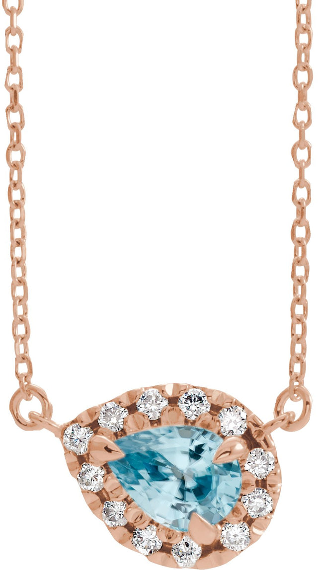 14K Gold Pear Natural Aquamarine & Natural Diamond French-Set Halo-Style Necklace - Rose Gold