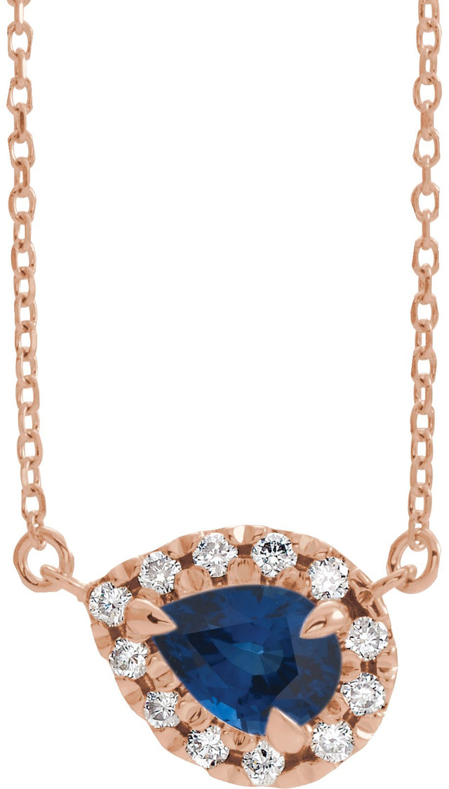 14K Gold Pear Natural Blue Sapphire & Natural Diamond French-Set Halo-Style Necklace - Rose Gold