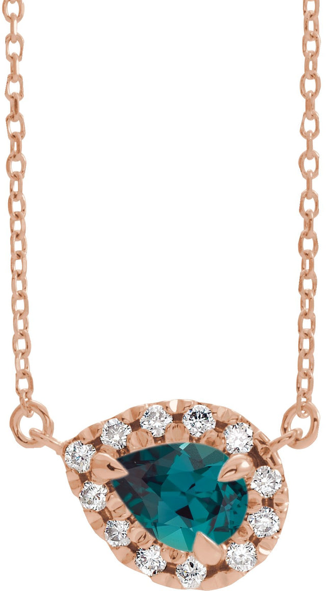 14K Gold Pear Lab-Grown Alexandrite & Natural Diamond French-Set Halo-Style Necklace - Rose Gold