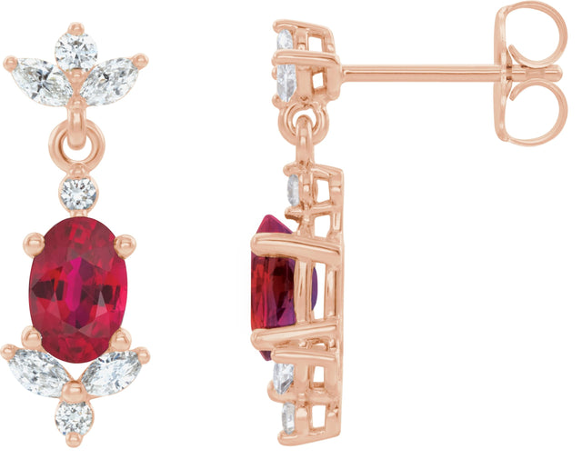 14K Gold Oval Natural Ruby & Natural Diamond Accented Earrings - Rose Gold