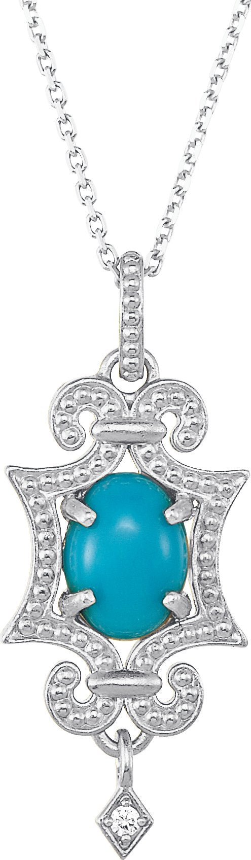 14K Gold Oval Natural Turquoise & Natural Diamond Granulated Necklace or Pendant - White Gold