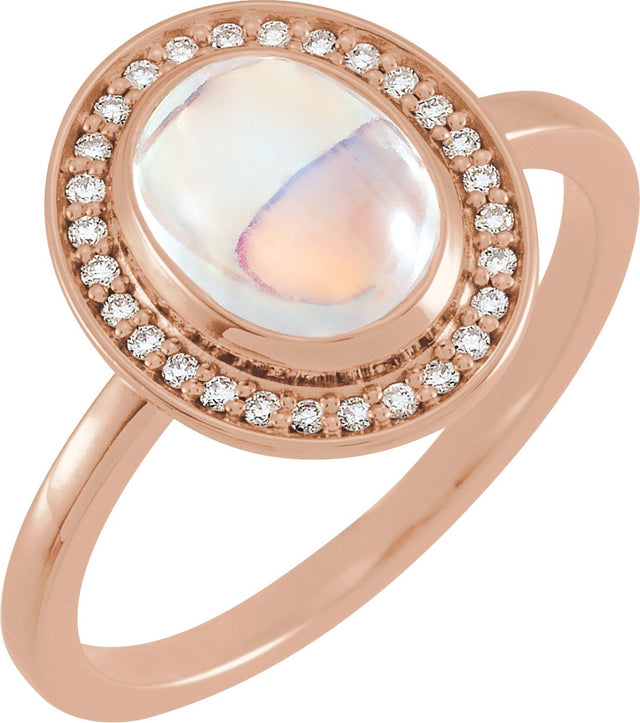 14K Gold Oval Natural Rainbow Moonstone & Natural Diamond Halo-Style Cabochon Ring – 7x5mm - Rose Gold