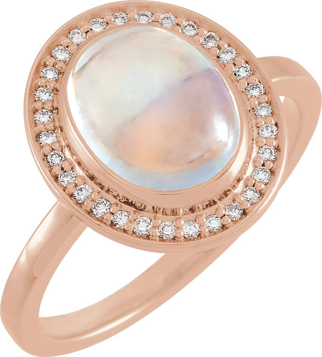 14K Gold Oval Natural Rainbow Moonstone & Natural Diamond Halo-Style Cabochon Ring – 7x5mm - Rose Gold