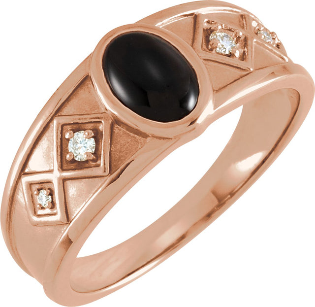 14K Gold Oval Natural Black Onyx & Natural Diamond Bezel-Set Cabochon Ring - Rose Gold
