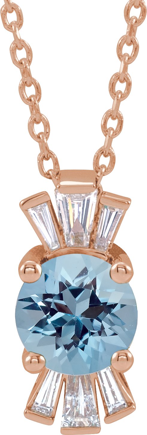 14K Gold Round Natural Blue Zircon & Natural Diamond Accented Necklace or Pendant – 1/6 CTW - Rose Gold