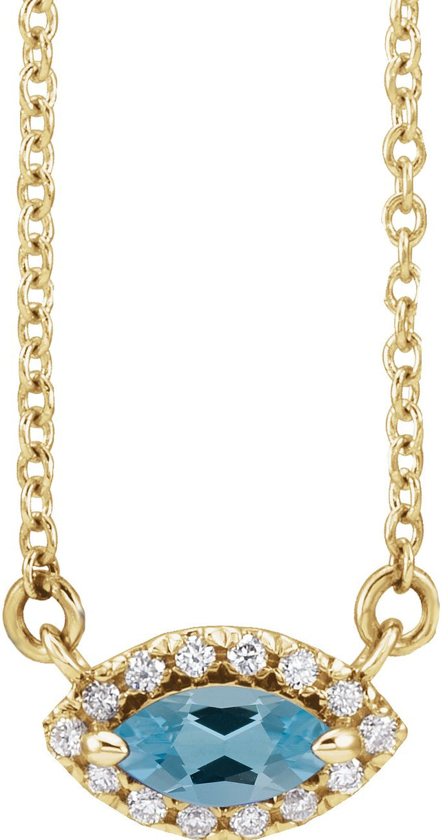 14K Gold Marquise Natural Blue Zircon & Natural Diamond French-Set Halo-Style Necklace - Yellow Gold