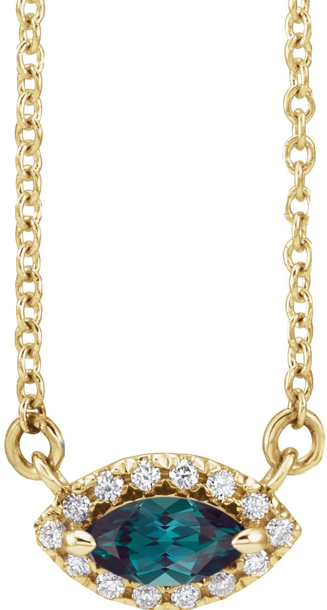 14K Gold Marquise Lab-Grown Alexandrite & Natural Diamond French-Set Halo-Style Necklace - Yellow Gold