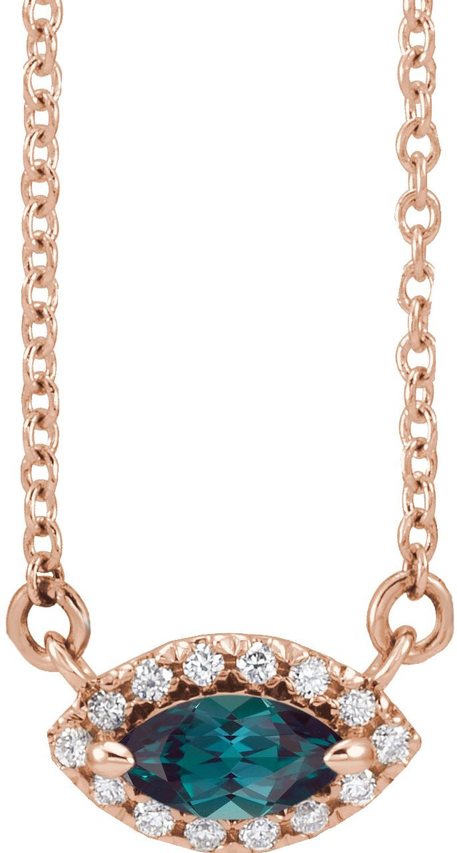 14K Gold Marquise Lab-Grown Alexandrite & Natural Diamond French-Set Halo-Style Necklace - Rose Gold