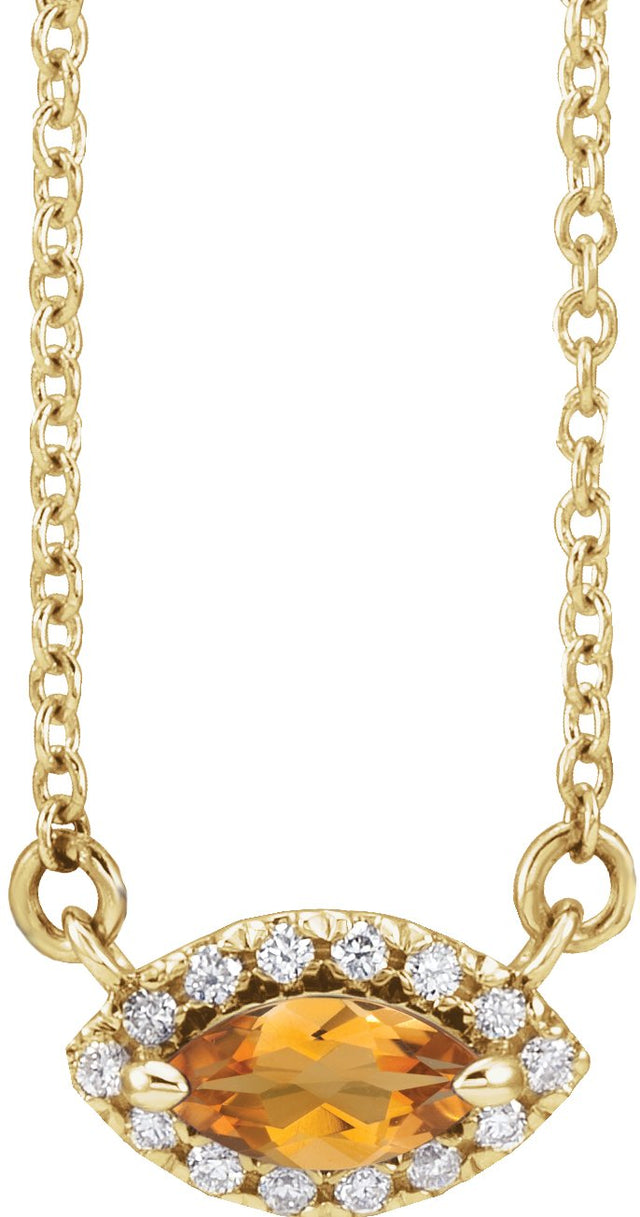 14K Gold Marquise Natural Citrine & Natural Diamond French-Set Halo-Style Necklace - Yellow Gold