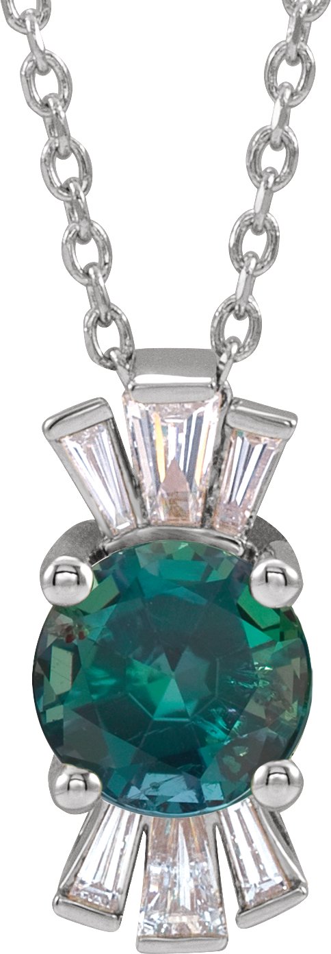 14K Gold Round Lab-Grown Alexandrite & Natural Diamond Accented Necklace or Pendant – 1/6 CTW - White Gold
