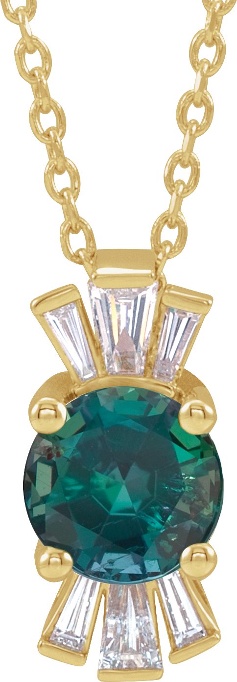14K Gold Round Lab-Grown Alexandrite & Natural Diamond Accented Necklace or Pendant – 1/6 CTW - Yellow Gold
