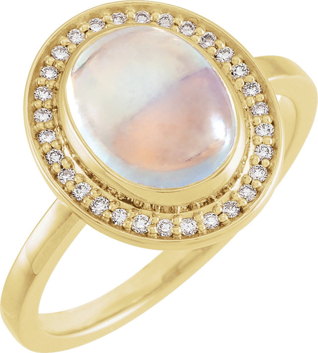 14K Gold Oval Natural Rainbow Moonstone & Natural Diamond Halo-Style Cabochon Ring – 7x5mm - Yellow Gold