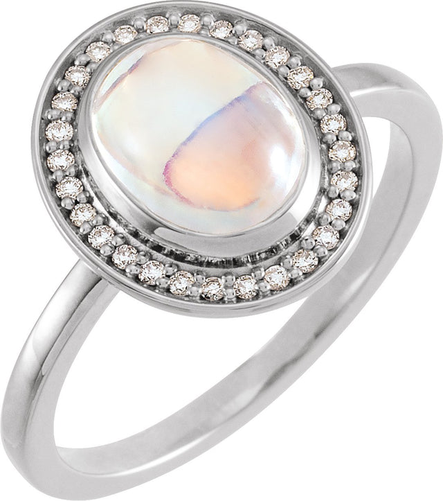 Platinum Oval Natural Rainbow Moonstone & Natural Diamond Halo-Style Cabochon Ring