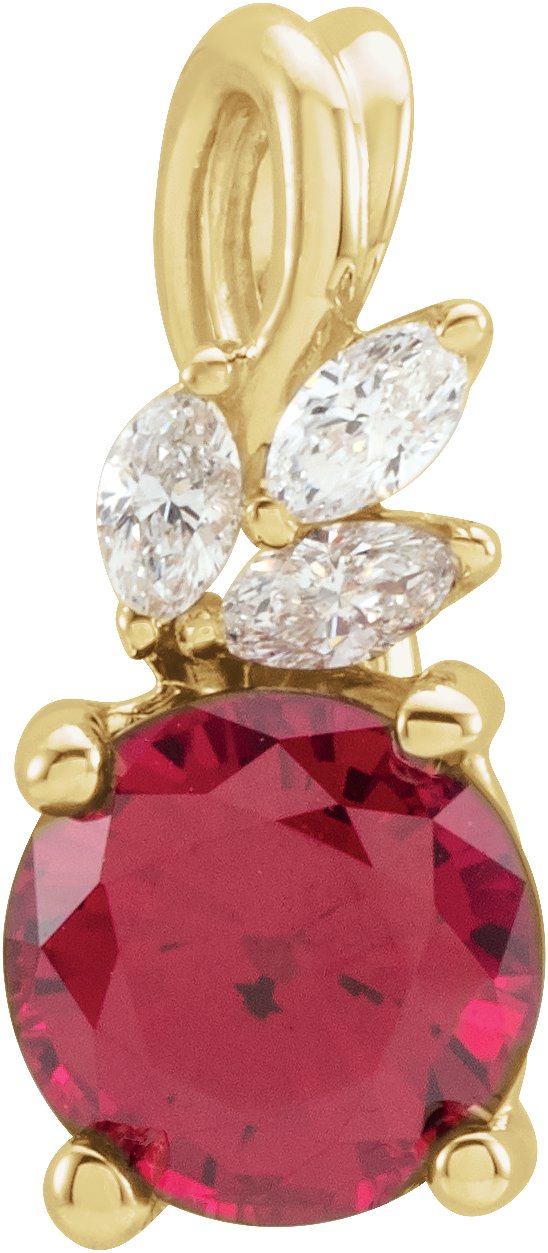 14K Gold Round Lab-Grown Ruby & Natural Diamond Accented Floral Necklace or Pendant - Yellow Gold