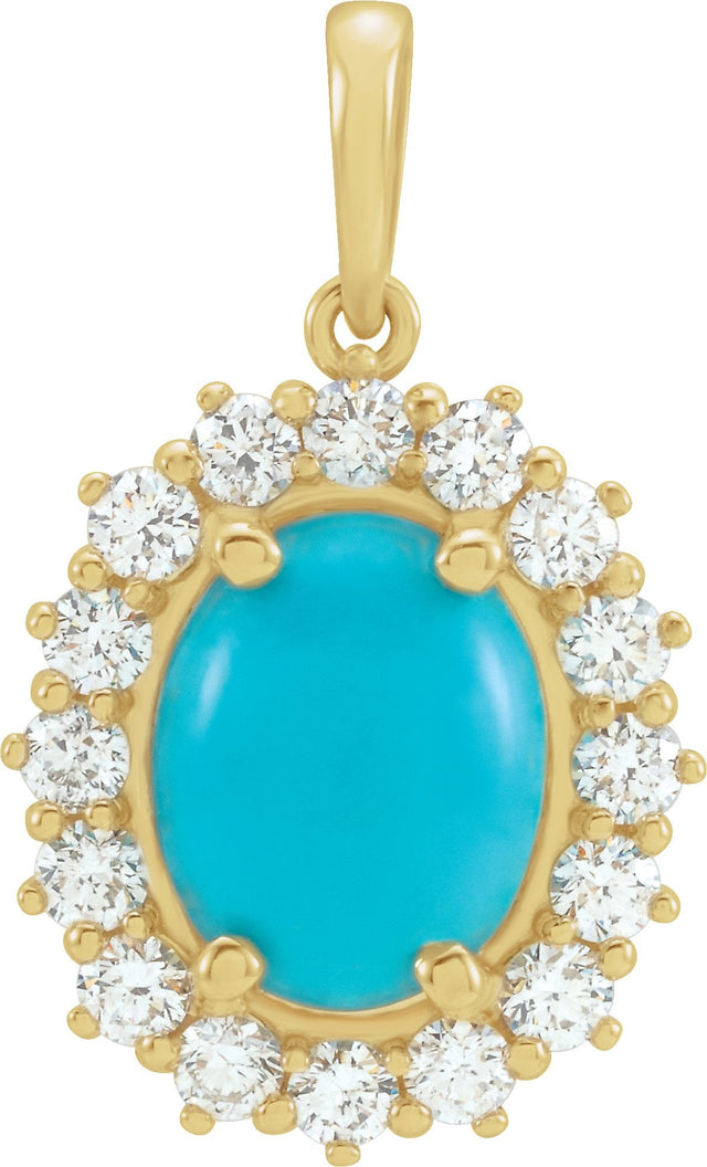 14K Gold Oval Natural Turquoise & Natural Diamond Halo-Style Necklace or Pendant – 8x6mm - Yellow Gold