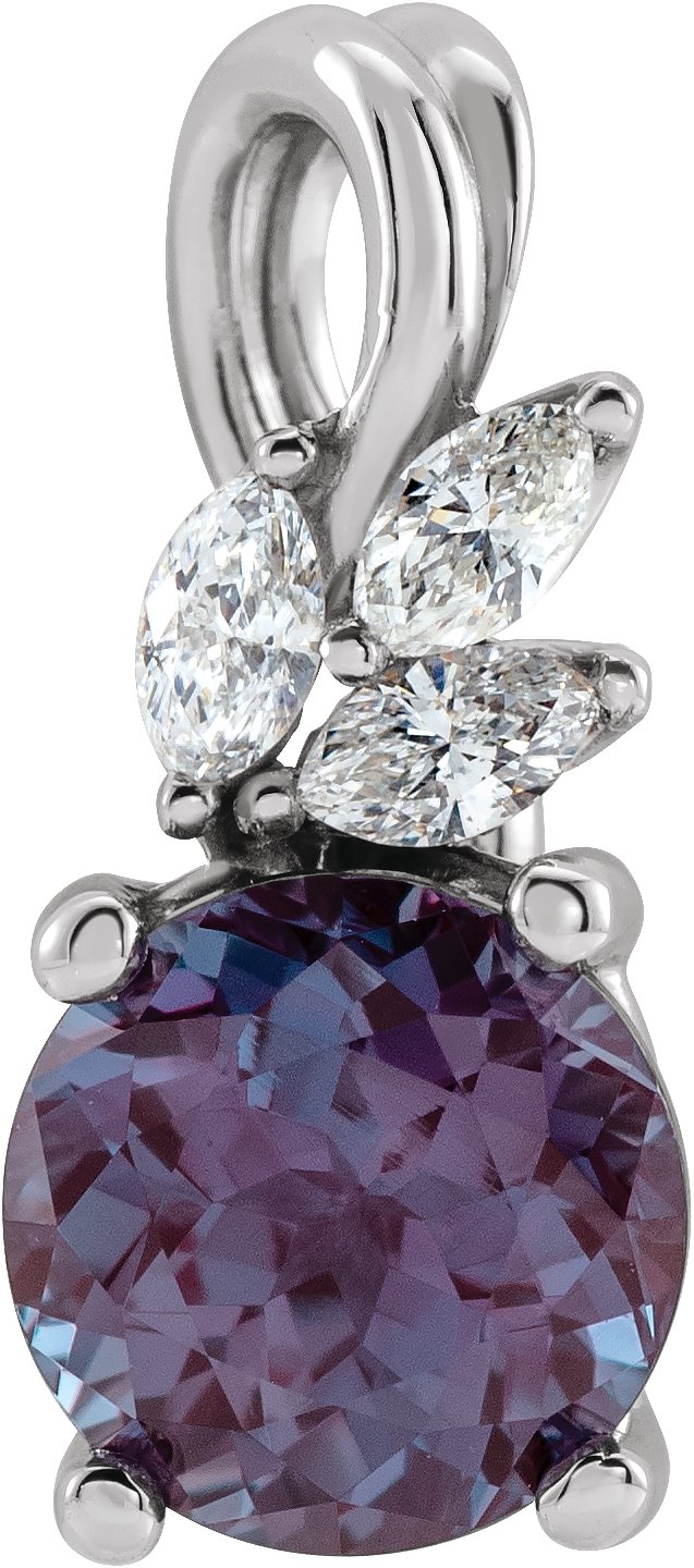 Platinum Round Lab-Grown Alexandrite & Natural Diamond Accented Floral Necklace or Pendant