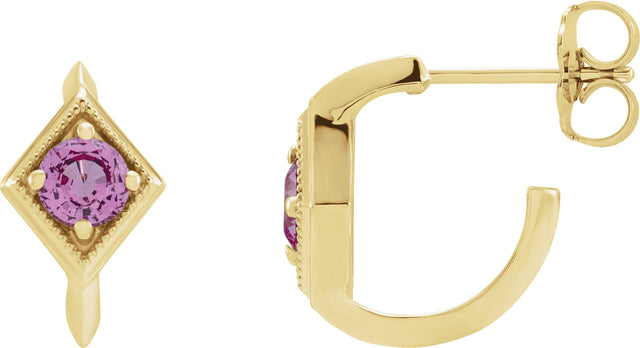 14K Gold Round Natural Pink Sapphire Geometric Hoop Earrings - Yellow Gold