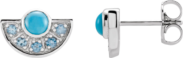 14K Gold Round Natural Turquoise & Natural Aquamarine Fan Earrings - White Gold