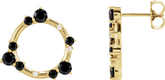 14K Gold Round Natural Black Onyx & Natural Diamond Circle Earrings - Yellow Gold