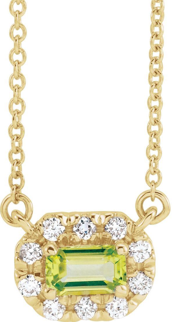 14K Gold Emerald Natural Peridot & Natural Diamond French-Set Halo-Style Necklace - Yellow Gold
