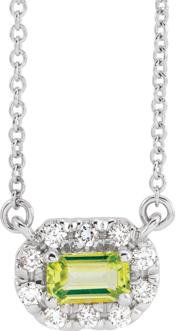 Platinum Emerald Natural Peridot & Natural Diamond French-Set Halo-Style Necklace