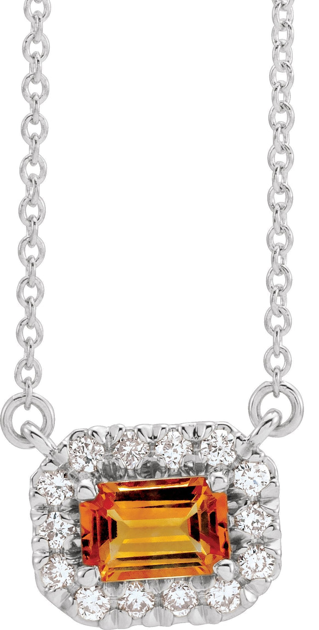 Platinum Emerald Natural Citrine & Natural Diamond French-Set Halo-Style Necklace