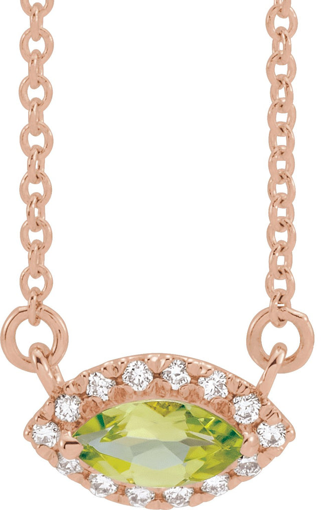 14K Gold Marquise Natural Peridot & Natural Diamond French-Set Halo-Style Necklace - Rose Gold