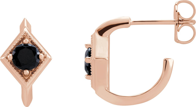 14K Gold Round Natural Black Onyx Geometric Hoop Earrings - Rose Gold