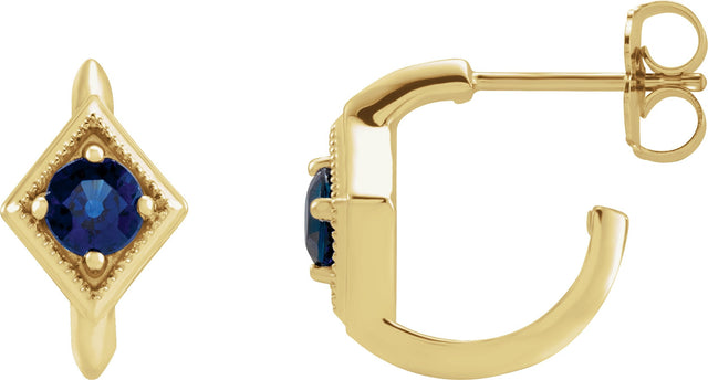 14K Gold Round Natural Blue Sapphire Geometric Hoop Earrings - Yellow Gold