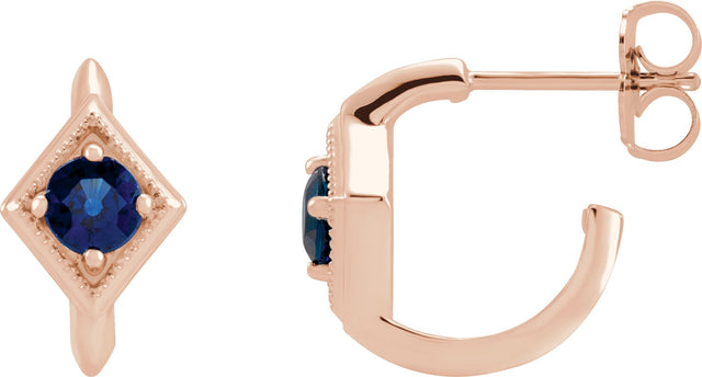 14K Gold Round Natural Blue Sapphire Geometric Hoop Earrings - Rose Gold