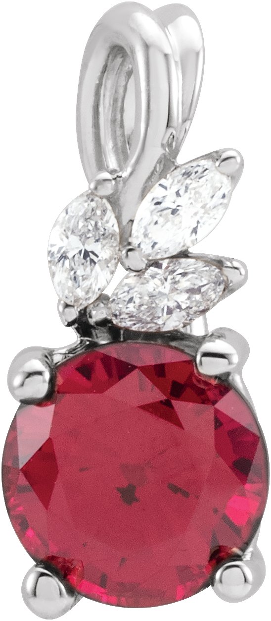 14K Gold Round Lab-Grown Ruby & Natural Diamond Accented Floral Necklace or Pendant - White Gold