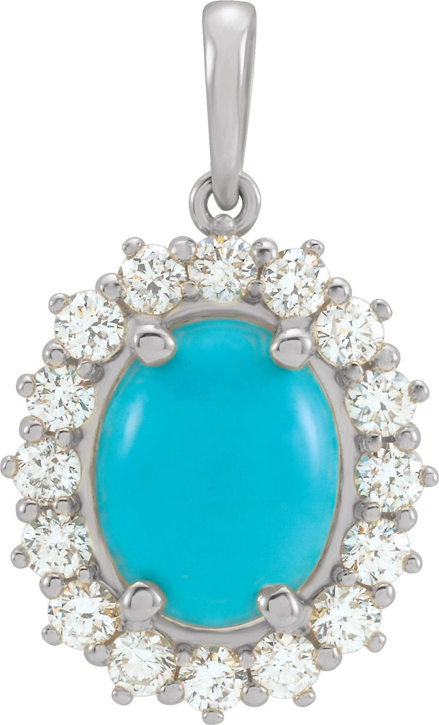 Platinum Oval Natural Turquoise & Natural Diamond Halo-Style Necklace or Pendant