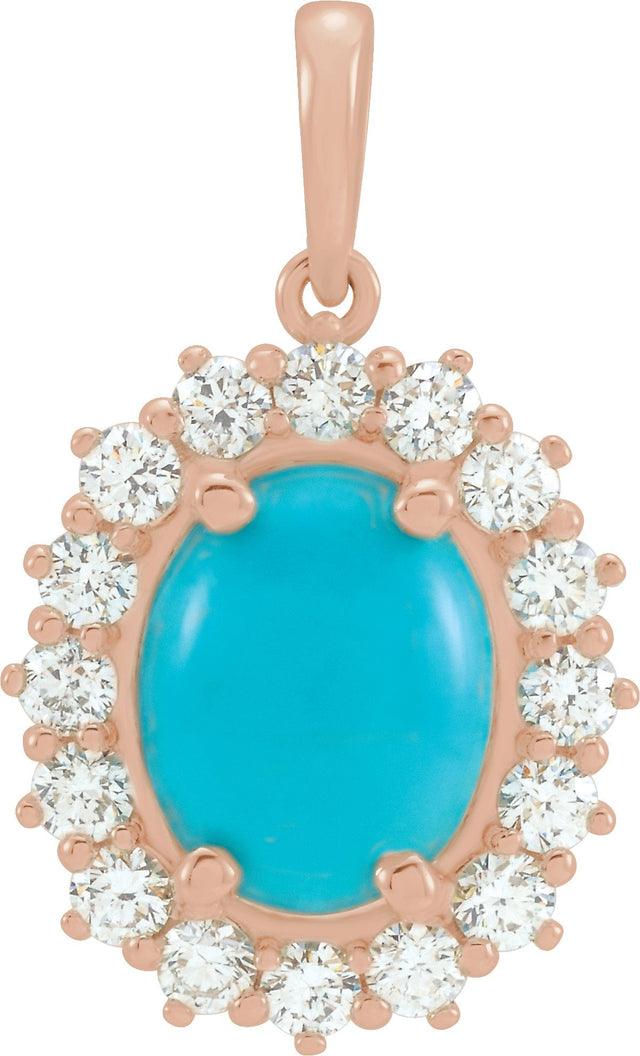 14K Gold Oval Natural Turquoise & Natural Diamond Halo-Style Necklace or Pendant – 8x6mm - Rose Gold