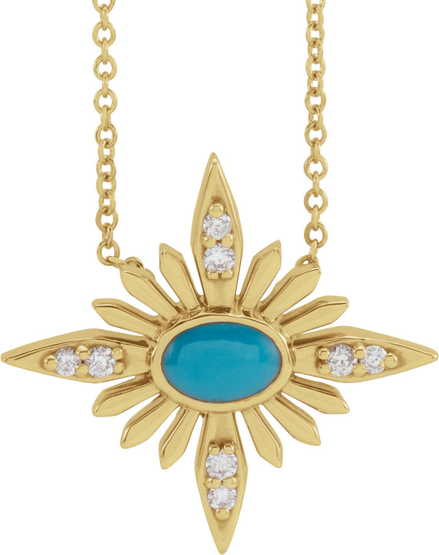 14K Gold Oval Natural Turquoise & Natural Diamond Star Necklace or Pendant - Yellow Gold
