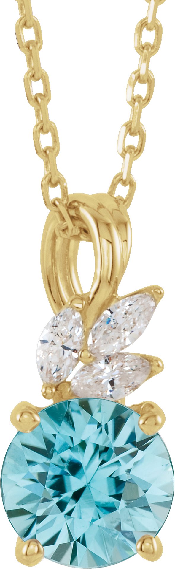 14K Gold Round Natural Blue Zircon & Natural Diamond Accented Floral Necklace or Pendant - Yellow Gold