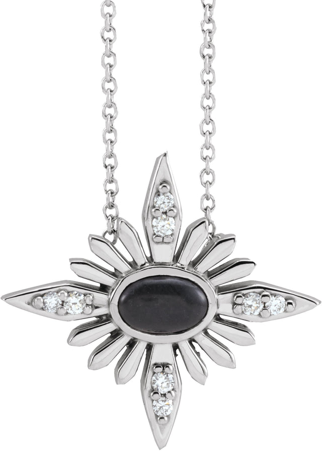Platinum Oval Natural Black Onyx & Natural Diamond Star Necklace or Pendant