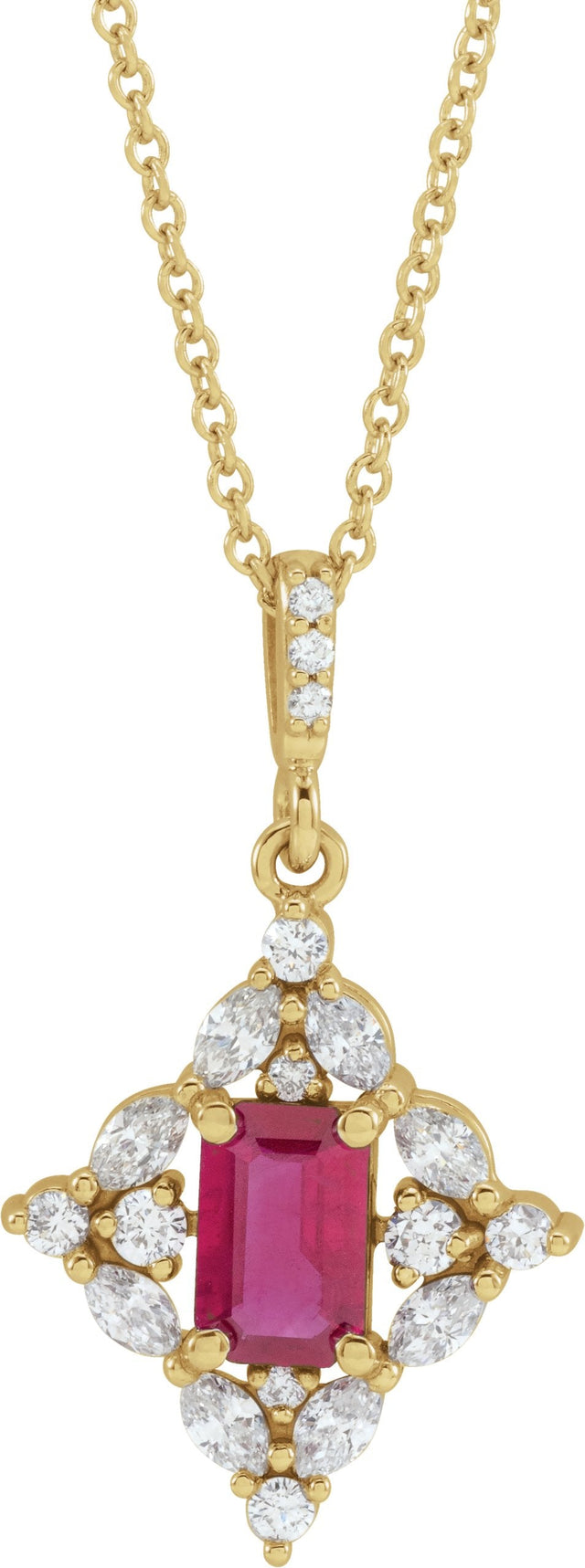 14K Gold Emerald Natural Ruby & Natural Diamond Halo-Style Necklace or Pendant - Yellow Gold