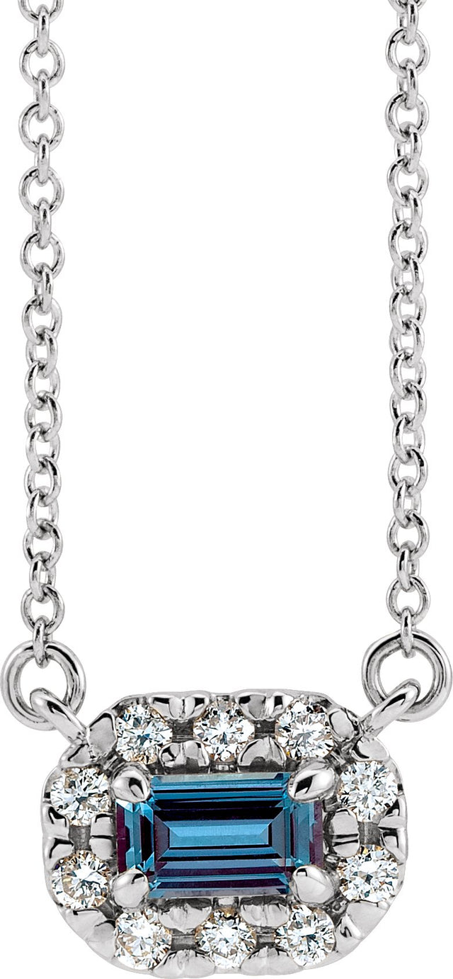 14K Gold Emerald Lab-Grown Alexandrite & Natural Diamond French-Set Halo-Style Necklace - White Gold