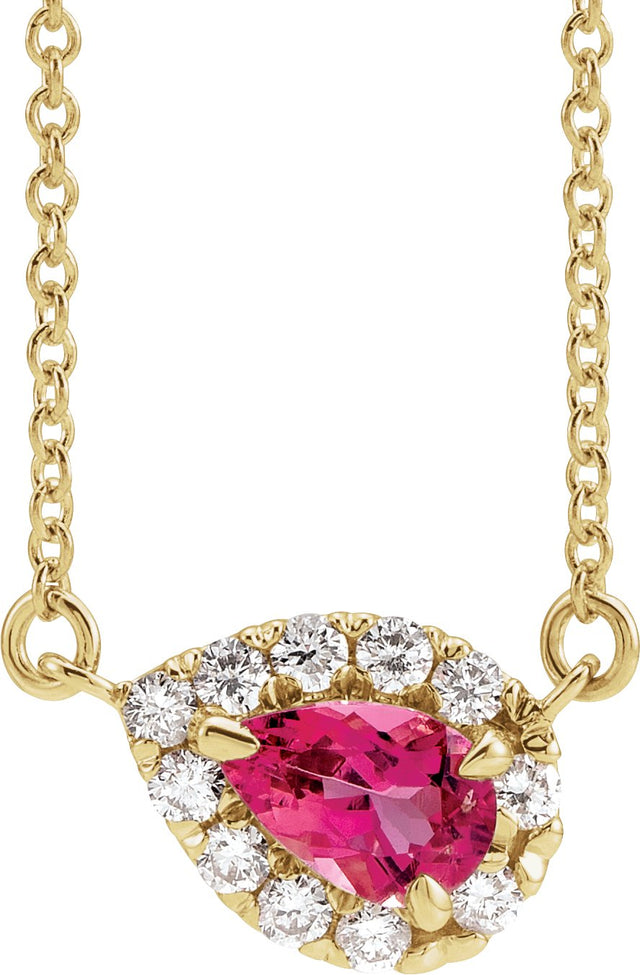14K Gold Pear Natural Pink Tourmaline & Natural Diamond French-Set Halo-Style Necklace - Yellow Gold