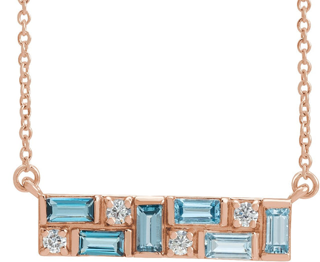 14K Gold Natural Diamond Accented Baguette Bar Necklace - Rose Gold