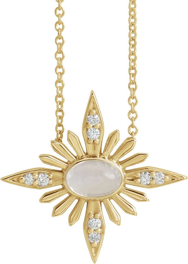 14K Gold Oval Natural Rainbow Moonstone & Natural Diamond Star Necklace or Pendant - Yellow Gold