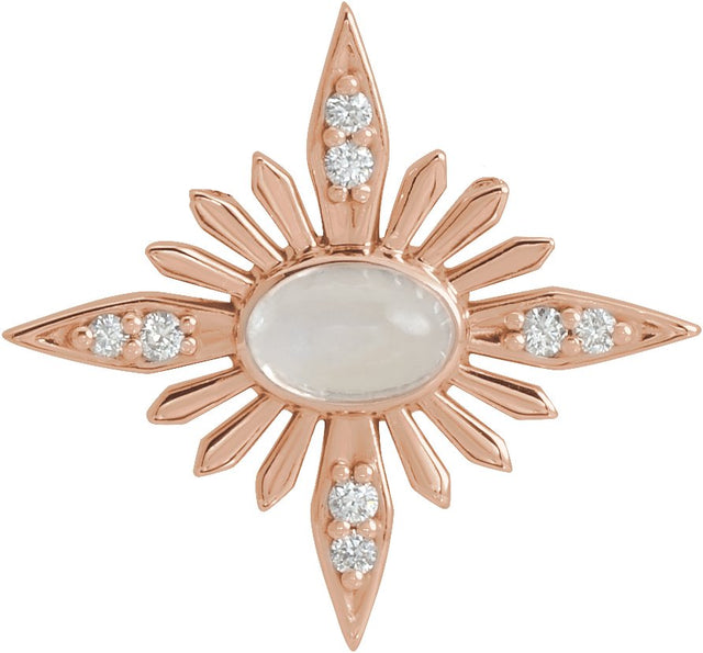 14K Gold Oval Natural Rainbow Moonstone & Natural Diamond Star Necklace or Pendant - Rose Gold