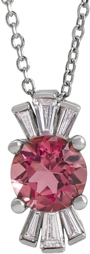 14K Gold Round Natural Pink Tourmaline & Natural Diamond Accented Necklace or Pendant – 1/6 CTW - White Gold