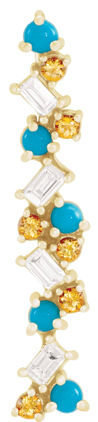 14K Gold Natural Honey Topaz & Natural Turquoise & Natural Diamond Scattered Bar Pendant - Yellow Gold