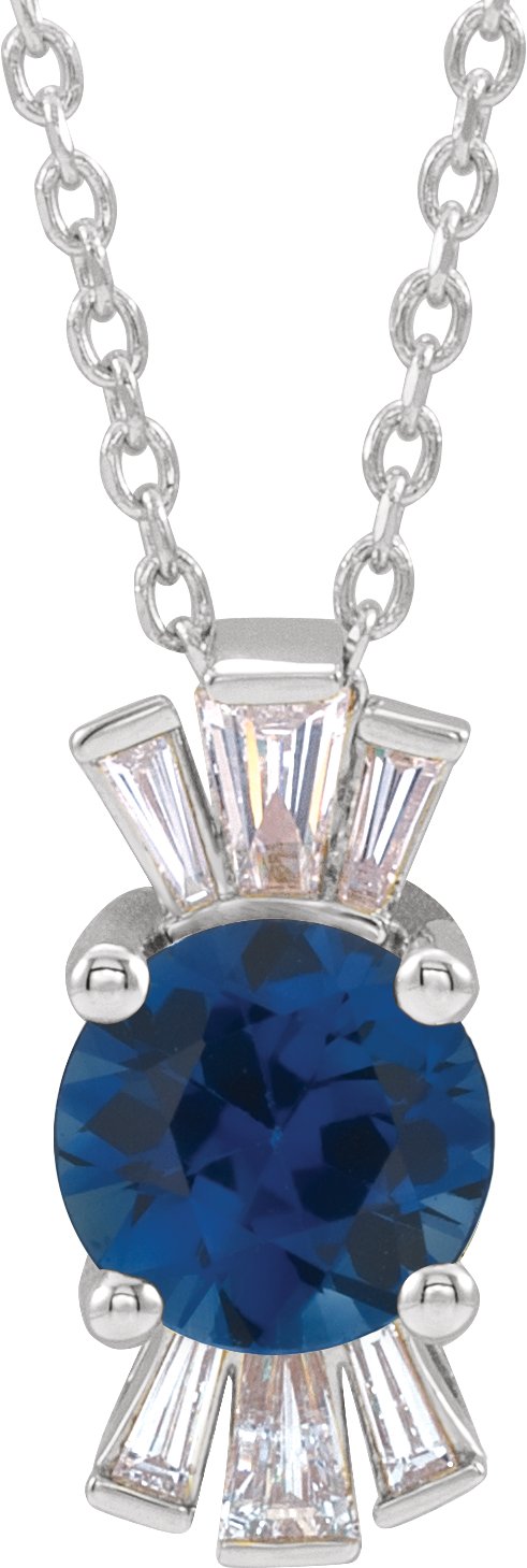 14K Gold Round Lab-Grown Blue Sapphire & Natural Diamond Accented Necklace or Pendant – 1/6 CTW - White Gold
