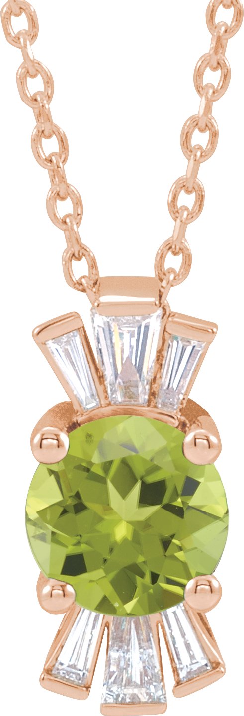 14K Gold Round Natural Peridot & Natural Diamond Accented Necklace or Pendant – 1/6 CTW - Rose Gold