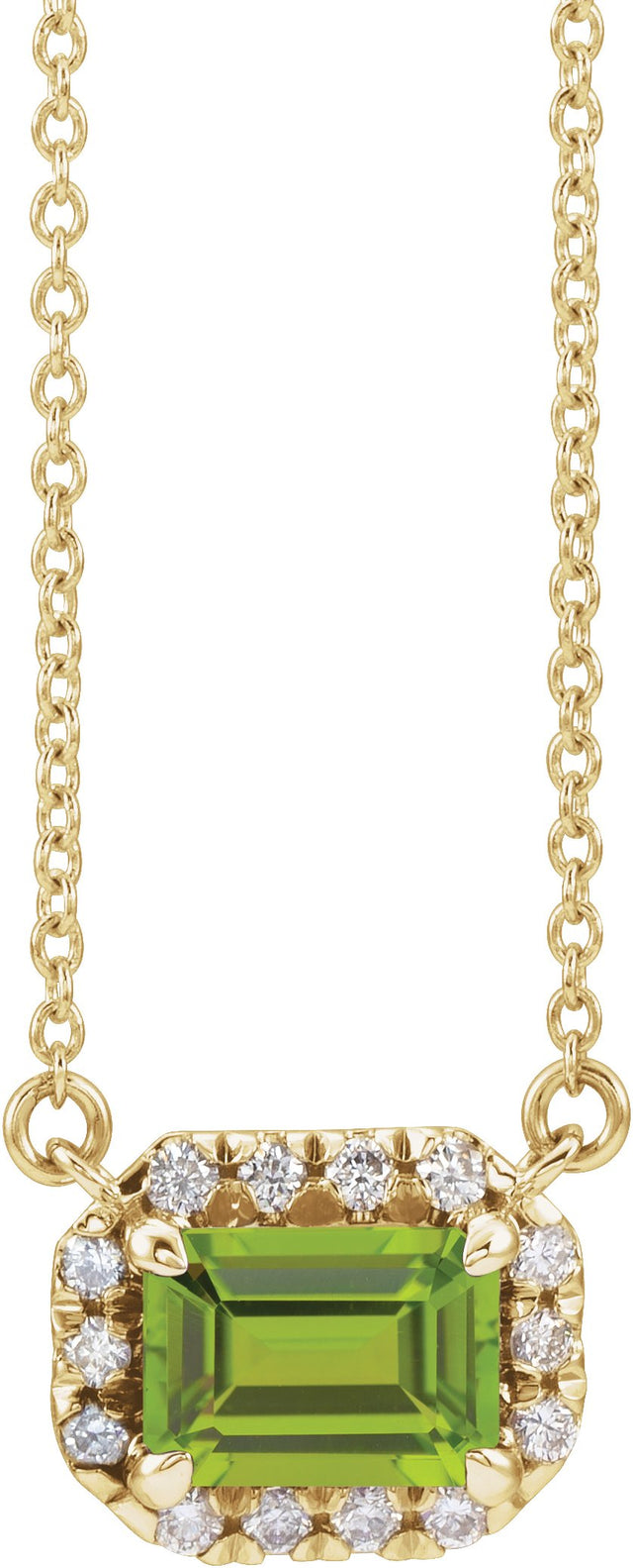 14K Gold Emerald Natural Peridot & Natural Diamond French-Set Halo-Style Necklace - Yellow Gold